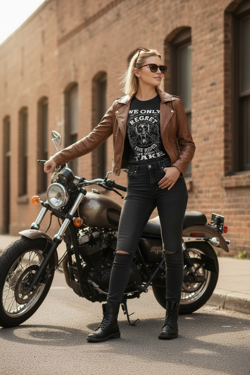 “We Only Regret The Rides We Didn’t Take” Biker Shirt  Skull Motorcycle Graphic Tee