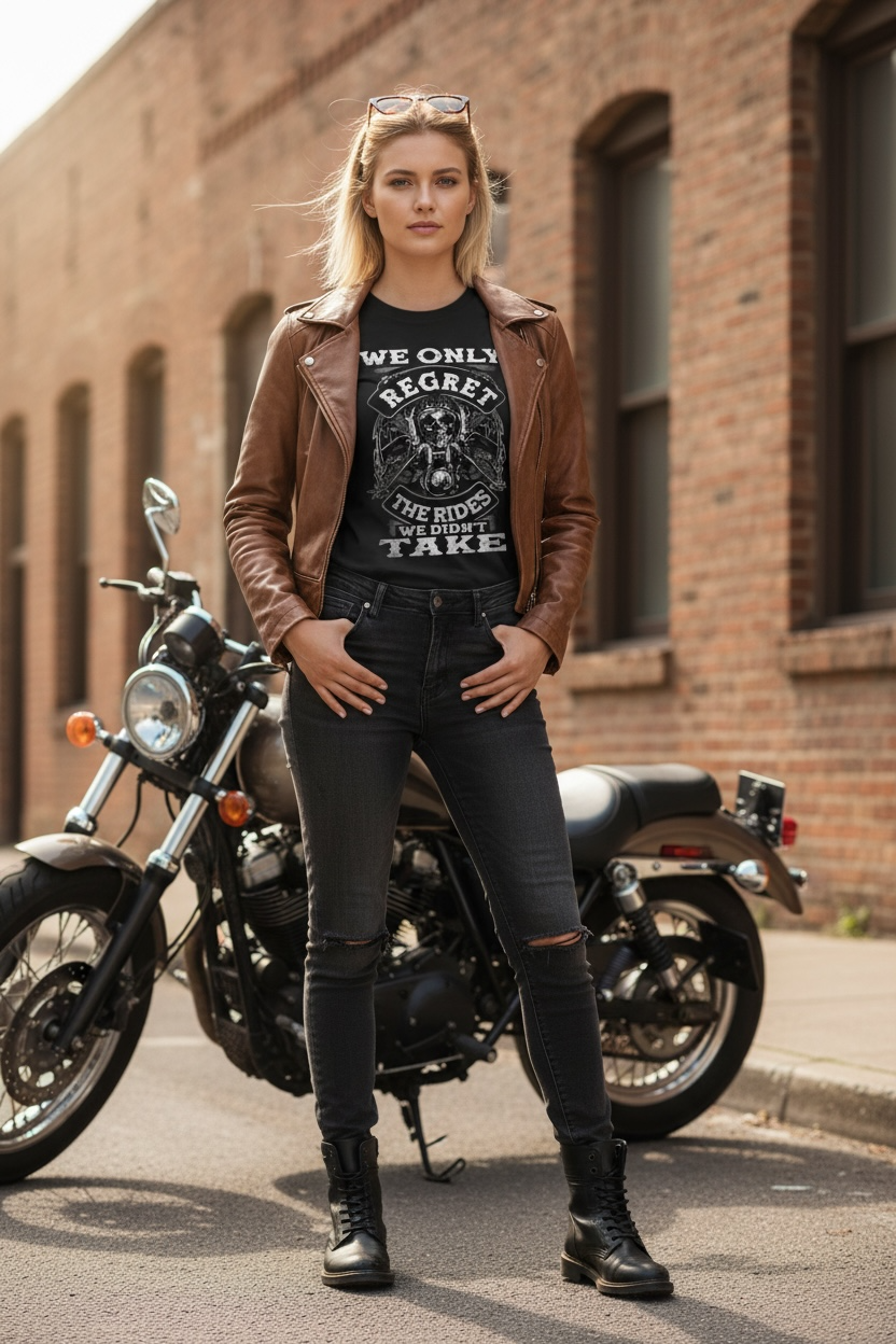 “We Only Regret The Rides We Didn’t Take” Biker Shirt  Skull Motorcycle Graphic Tee
