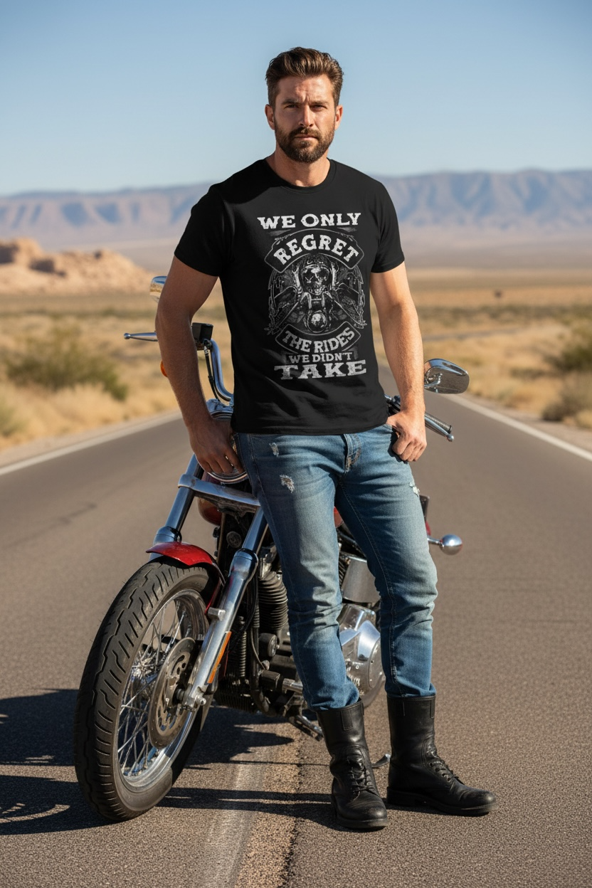 “We Only Regret The Rides We Didn’t Take” Biker Shirt  Skull Motorcycle Graphic Tee